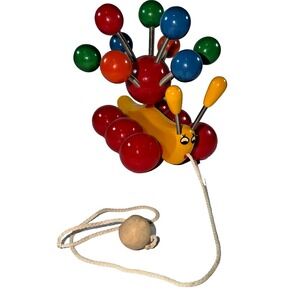 Vintage KOUVALIAS Wooden/Plastic Banana Caterpillar Pull Toy Mfg. Greece 1970's